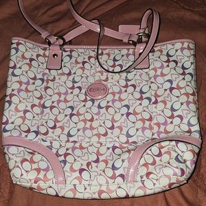 Coach signature Peyton canvas w/leather trim tote bag pink